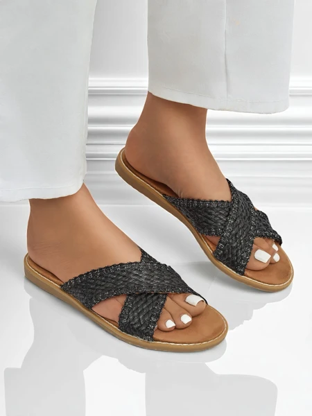 Dámské sandály Calista Nero ploché, černá pletenina, ekologická kůže