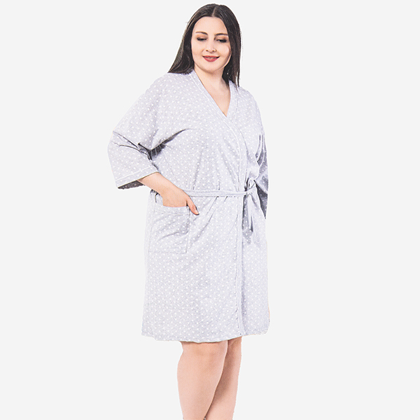 Světle šedý dámský bavlněný župan s puntíky PLUS SIZE - Oblečení