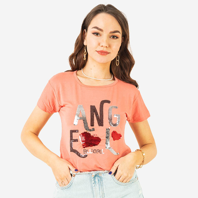 Dámské korálové tričko s flitrovým nápisem - Clothing