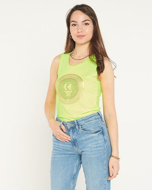 Неоновий жовтий топ на бретелях з принтом і цирконами