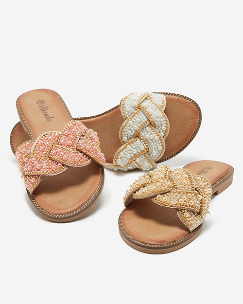 Cetera золоті жіночі тапочки з бісером і перлами - Взуття