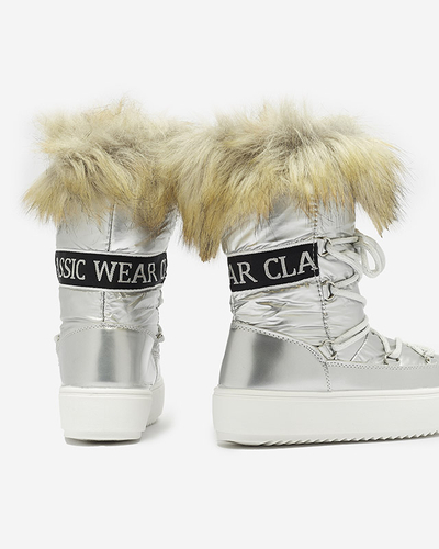 Stříbrné dětské nazouvací boty a'la snow boots s kožíškem Asika - Obuv