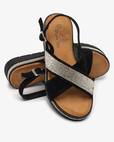 Royalfashion Чорні жіночі босоніжки з екозамші з цирконами Trikys
