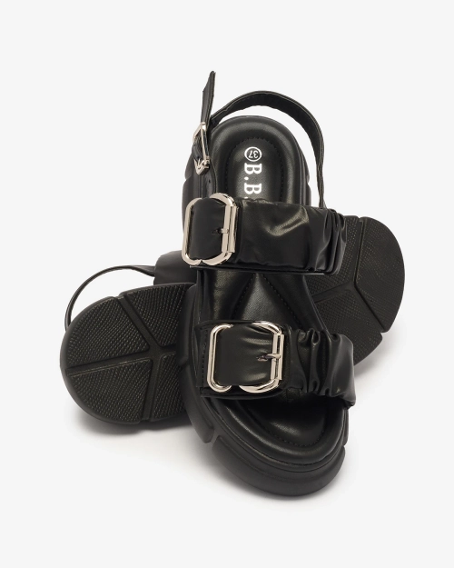 Чорні жіночі босоніжки на потовщеній підошві з пряжками Seomm- Footwear