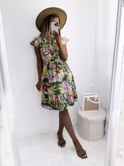 Dámské mini šaty s květinovým potiskem v zelené barvě- Oblečení