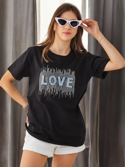 Royalfashion Dámské bavlněné tričko LOVE s kamínky