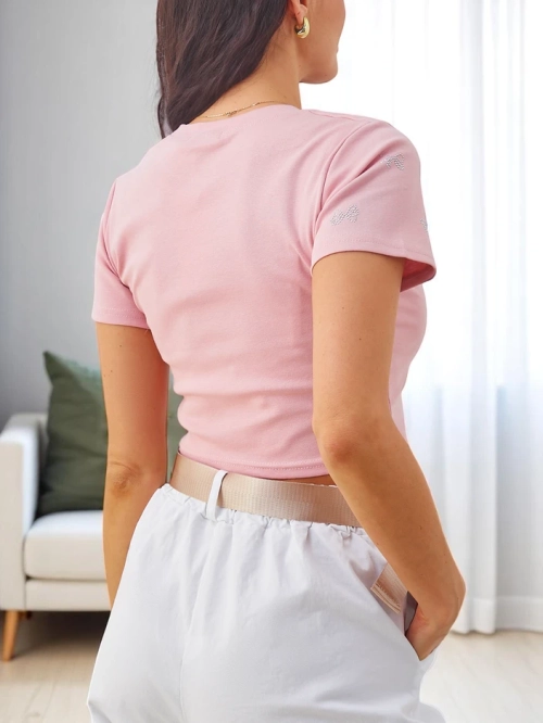 Royalfashion Жіночий бавовняний кроп-топ з рінгстонами у формі банта