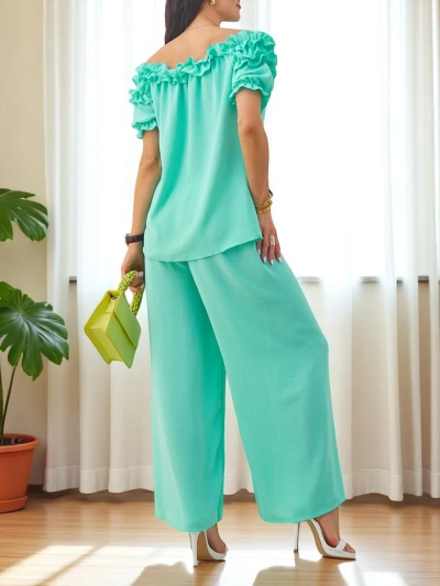 Royalfashion Dámská souprava s topem bez ramínek s krátkým rukávem a ozdobným výstřihem, a rozšířenými kalhotami