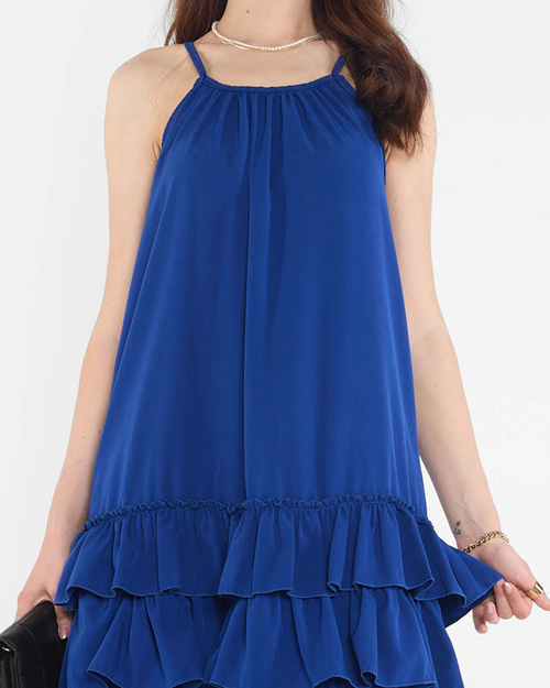 Темно-синя сукня на бретелях з оборками