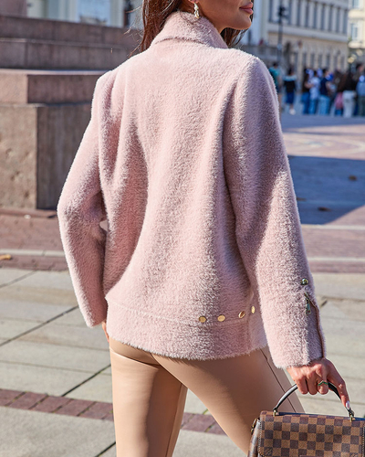 Royalfashion Hnědý dámský svetr bez knoflíků s kapsami