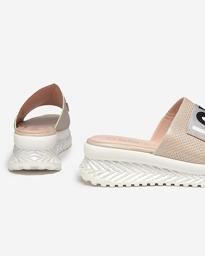 Dámské béžové lesklé pantofle s nápisem Sosha- Footwear