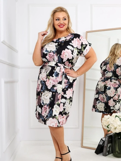 Royalfashion Dámské šaty po kolena s krátkým rukávem a růžovým vázáním