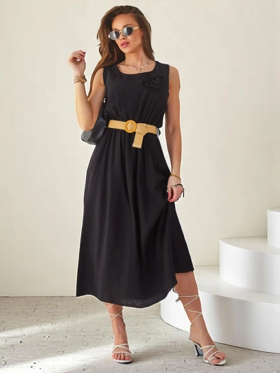 Midi šaty Royalfashion pro ženy se špagetovými ramínky, mají kulatý výstřih s dekorativní květinou