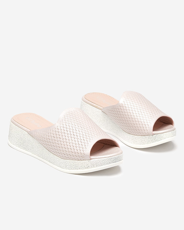 Lekisa růžové dámské prolamované pantofle na klínku se třpytkami - Boty