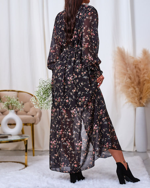 Royalfashion Чорно-рожева сукня міді з сітки з принтом