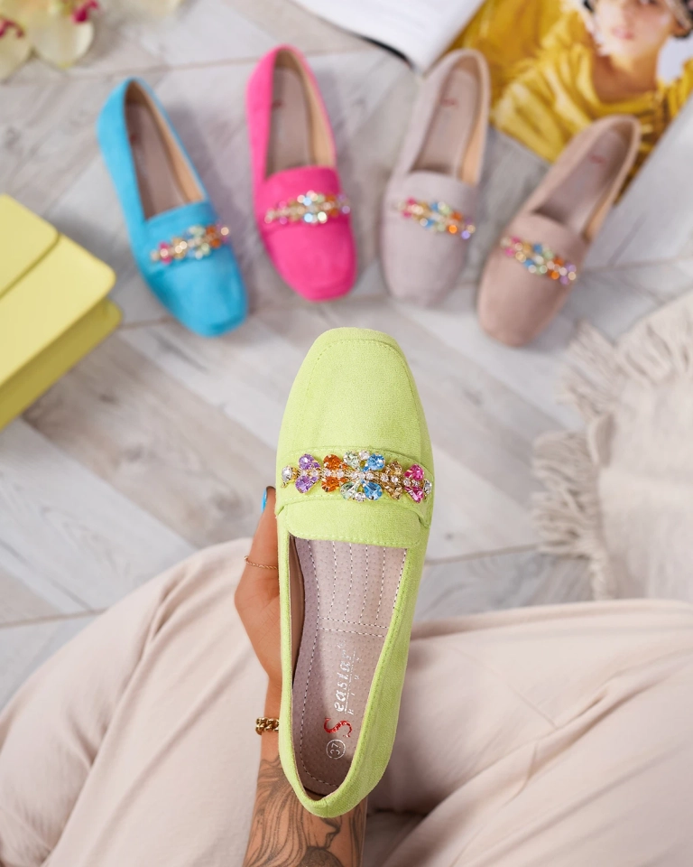 Royalfashion Neonově zelené dámské mokasíny s krystaly Olkeri