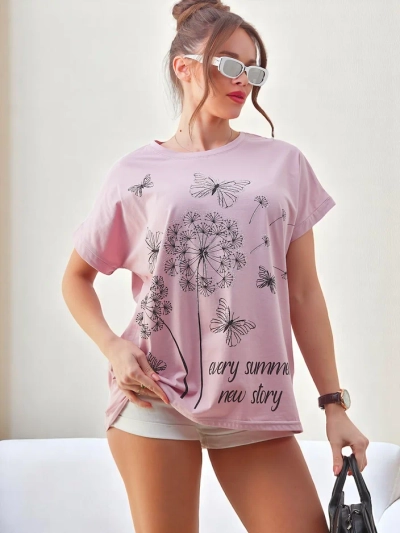 Royalfashion Жіноча бавовняна футболка з кульбабами та метеликом