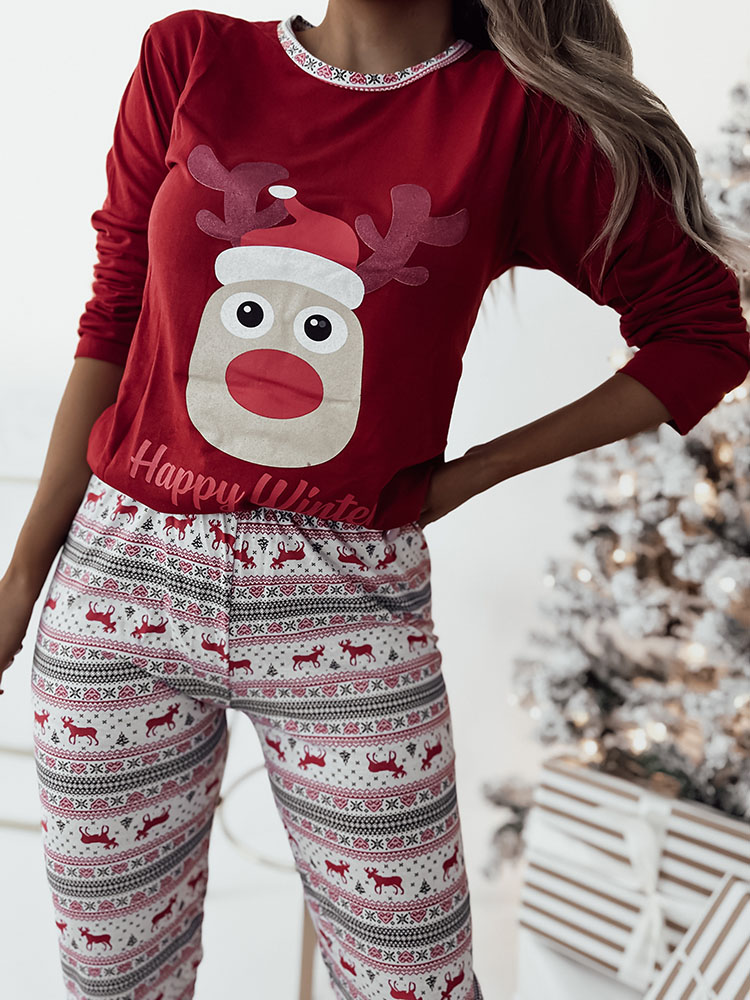 Červené dámské dvoudílné pyžamo s vánočním potiskem- Oblečení
