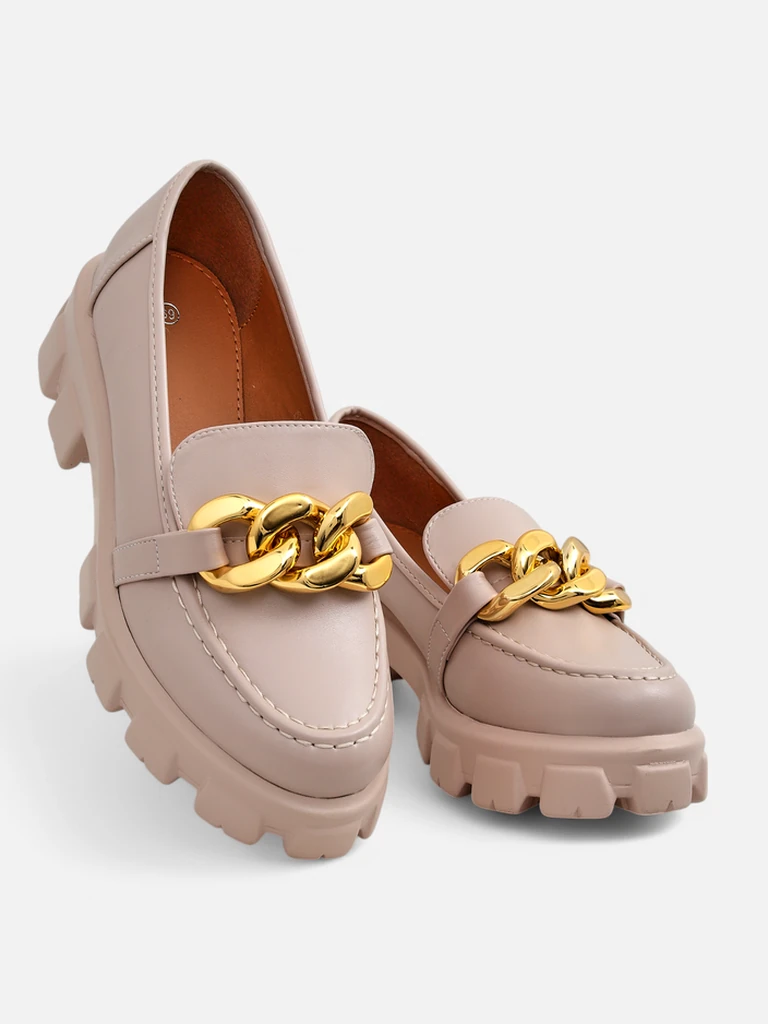 Dámské béžové mokasíny Callista s řetězem, plochý podpatek, ekokůže