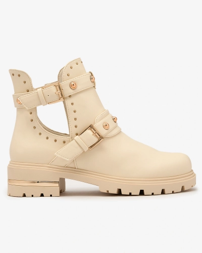 Royalfashion Cream dámské zdobené kozačky Jewel Walk na plochém podpatku