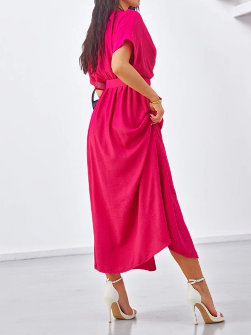 Royalfashion Жіноча міді-сукня з короткими袖ами, V-подібним вирізом та центральним розрізом