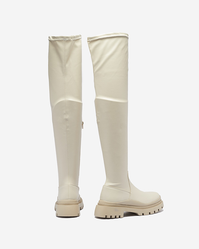 OUTLET Béžové dámské kozačky nad kolena na silnější podrážce Amerima- Obuv