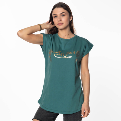 Tmavě zelené dámské tričko se zlatým potiskem a nápisem - Oblečení