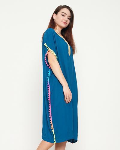 Tyrkysová dámská letní plážová tunika s bambulkami - Oblečení