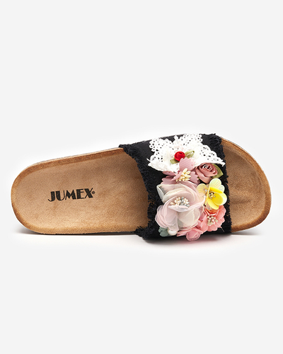 Dámské pantofle s látkovými květy v černé barvě Ososi- Footwear