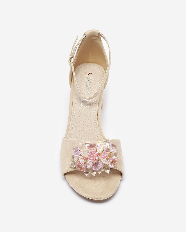 Béžové dámské sandály na podpatku s ozdobnými krystaly Cerosso- Obuv