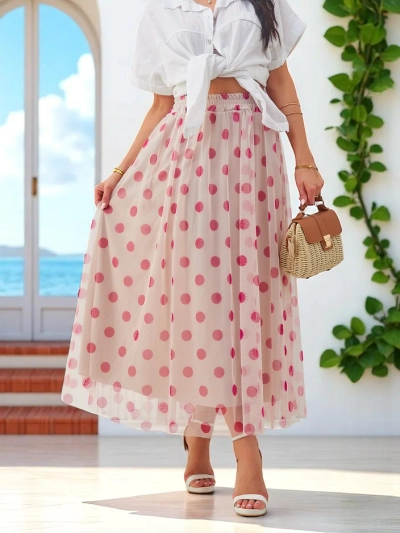 Royalfashion Dámská viskózová midi sukně s puntíkovou tylem
