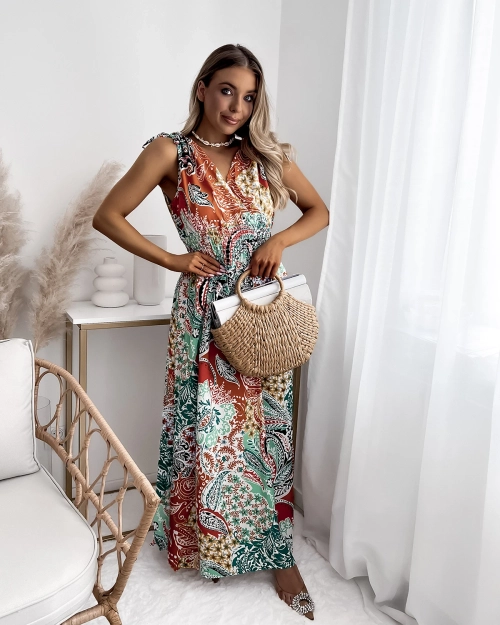 Візерунчаста жіноча сукня міді зеленого та оранжевого кольору Одяг