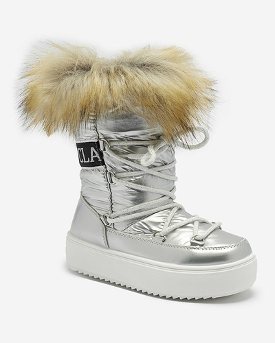 Stříbrné dětské nazouvací boty a'la snow boots s kožíškem Asika - Obuv