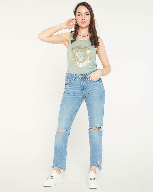 Темно-зелений топ на бретелях з принтом і цирконами