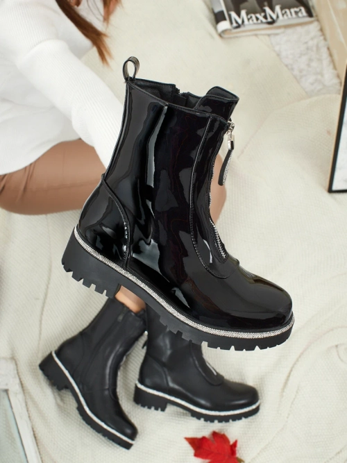 Лаковані еко шкіряні ботільйони жіночі з цирконіями Nuvina