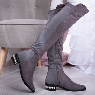 Сірі черевики на коліна з оздобленим каблуком La Perla - Взуття