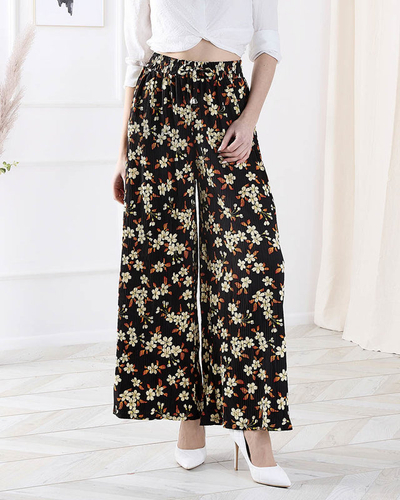 Dámské černé látkové kalhoty s květinami - Oblečení