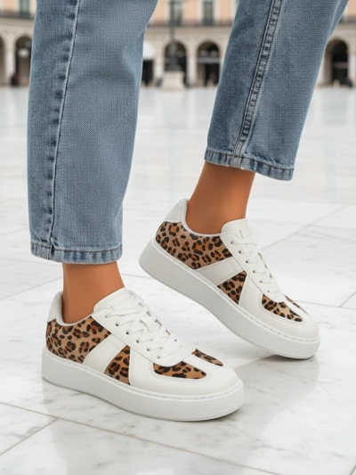 Dámské Tenisky Calista Leopardia – Bílé Eko Kůže Tkanina Jaro 4cm
