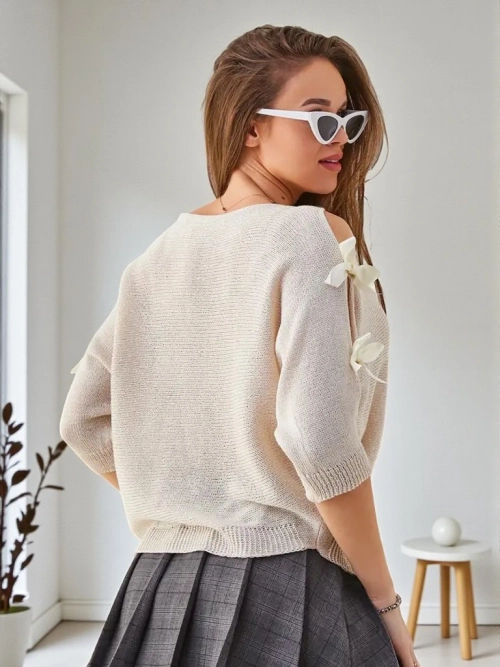 Sweter Damski Flora Beżowy z Tkaniny Elegancki na Wiosnę