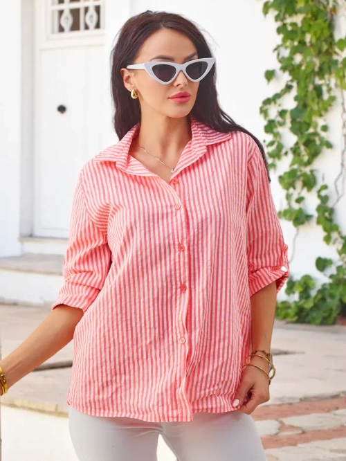 Royalfashion Жіноча смужка бавовняна сорочка з зав'язкою внизу