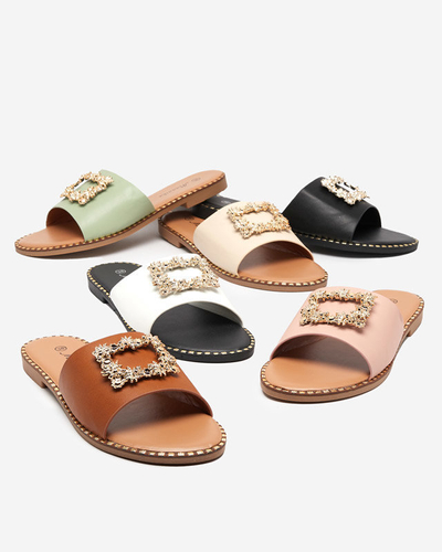 Bílé elegantní dámské pantofle se zlatým ornamentem Meriso - Footwear