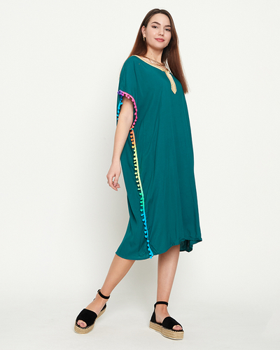 Tmavě zelená dámská letní plážová tunika s bambulkami - Oblečení