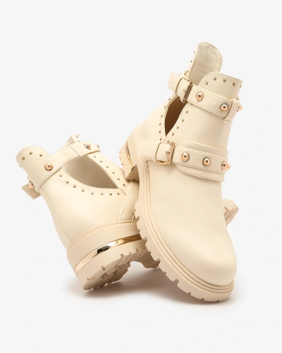 Royalfashion Cream dámské zdobené kozačky Jewel Walk na plochém podpatku