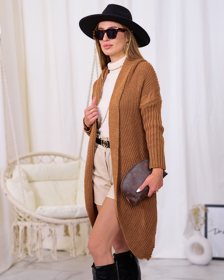 Royalfashion Dámský hnědý svetr s přehozem