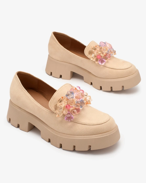 Бежеві жіночі мокасини Royalfashion з різнокольоровими кристалами Crystal Glam