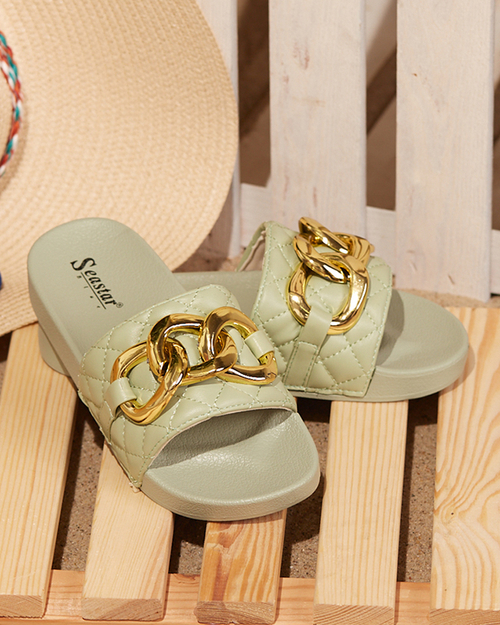 Жіночі зелені стьобані тапочки із золотим ланцюжком Eteris - Взуття