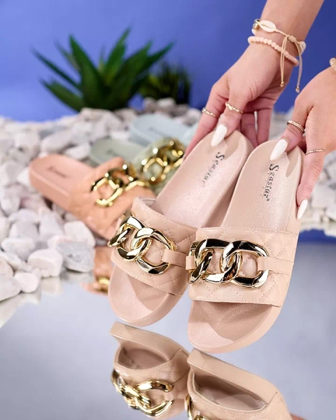 Dámské béžové prošívané pantofle se zlatým řetízkem Eteris - Obuv