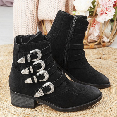 Czarne botki na niskim słupku Grand - Obuwie