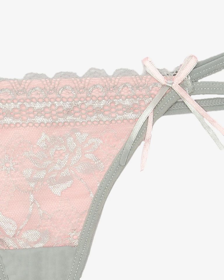 Dámská šedorůžová tanga s krajkou a ozdobnými pásky - Spodní prádlo