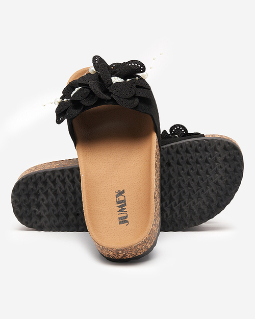 OUTLET Чорні жіночі тапочки з тканинними квітами Serine - Взуття